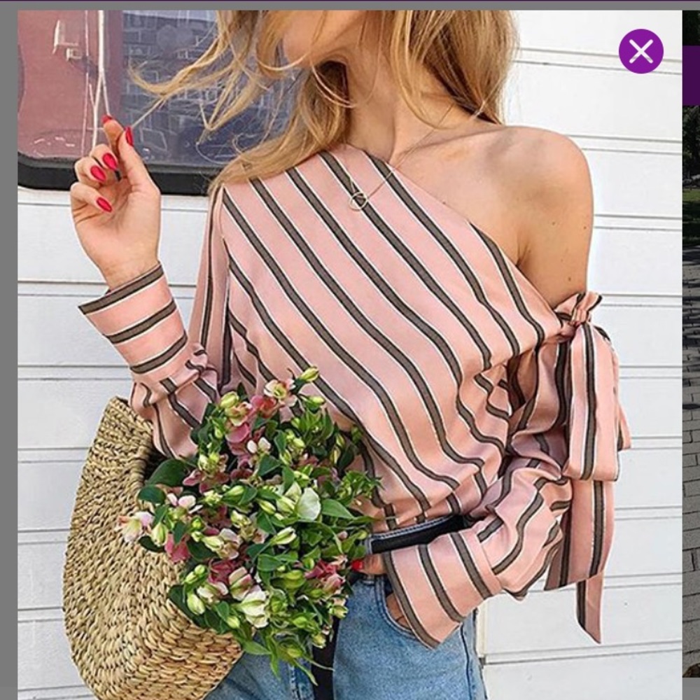 NWT Pink and brown off one shoulder stripe blouse